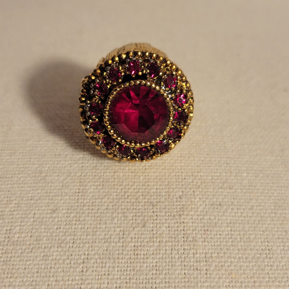 Vintage Gold Poison Ring Ruby Rhinestones Adjustable Hidden Compartment